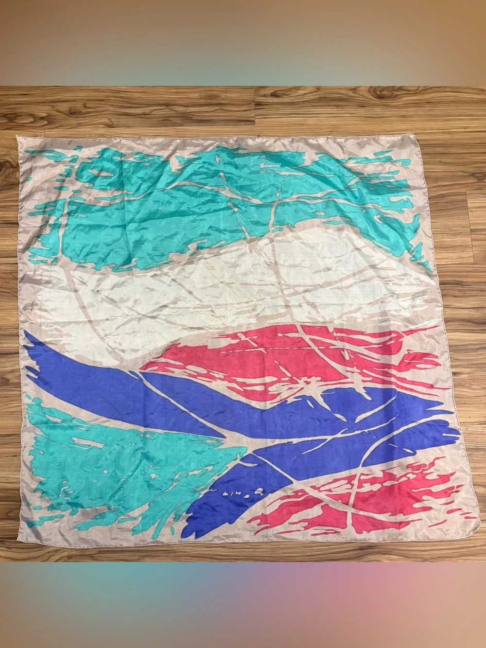 Vintage 1980s Abstract Art Square Scarf - Teal Magenta & Blue Colorblock